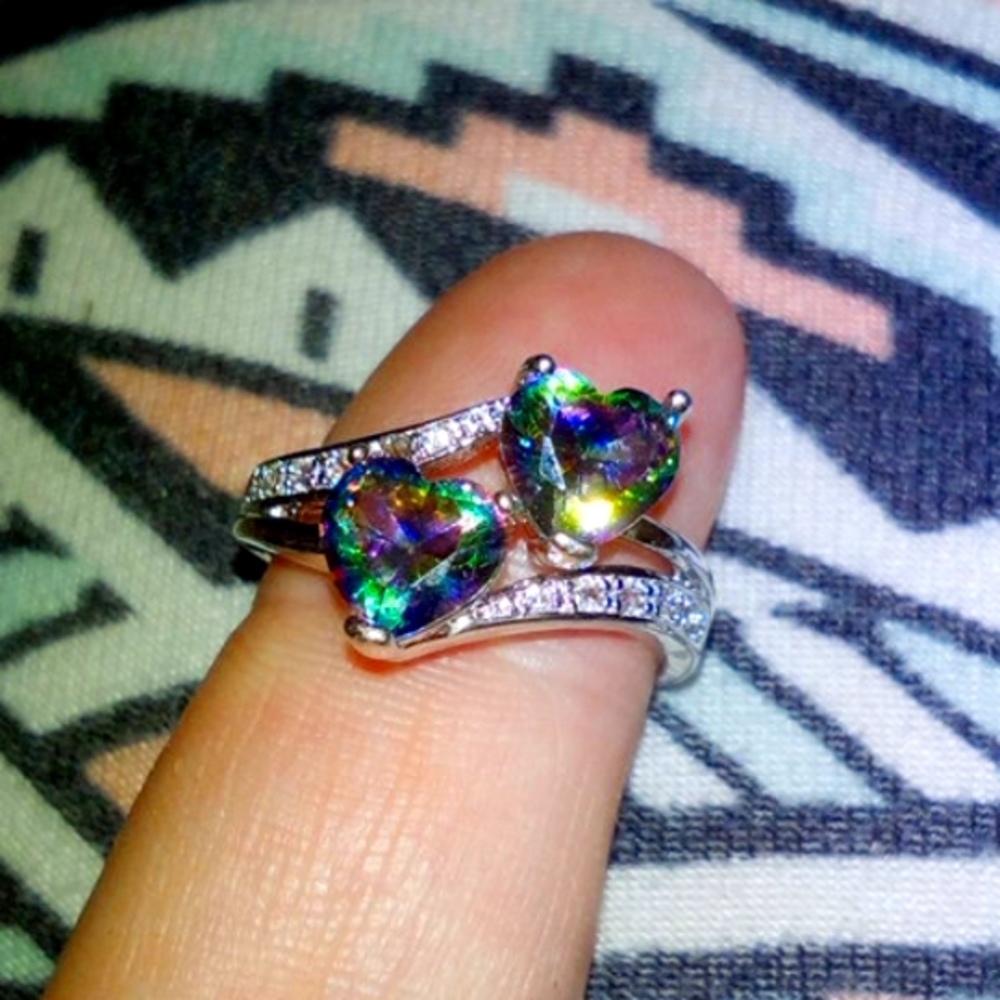 925 gemstone 2 heart ring with accents